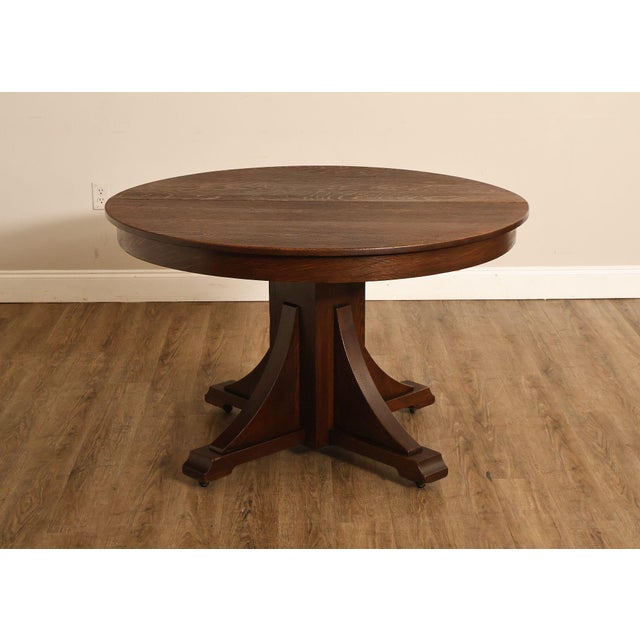 Antique Stickley Brothers 48" Round Oak Dining Table w/2 leaves For Sale - Image 16 of 18