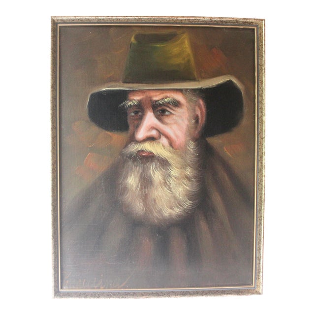 Portrait Painting of a Man With a Hat, Signed and Framed For Sale