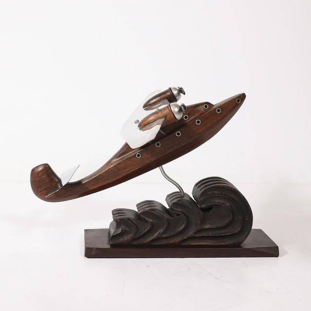 Art Deco Anthoine Art Bois Carved Wood and Metal Seaplane Model on Stand For Sale - Image 9 of 14