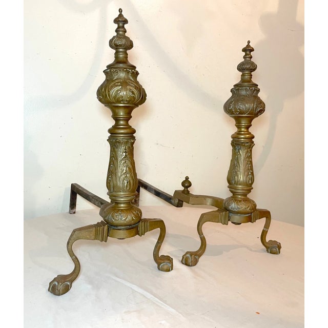 Metal Pair of 2 Antique Ornate Victorian Solid Bronze Cast Iron Fireplace Andirons Set For Sale - Image 7 of 16