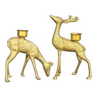 Pair of Vintage Solid Brass Deer Figurines Candlestick Holders For Sale