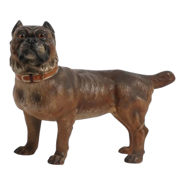 16” Antique Austrian Terracotta Standing Pug Dog Sculpture W Glass Eyes For Sale