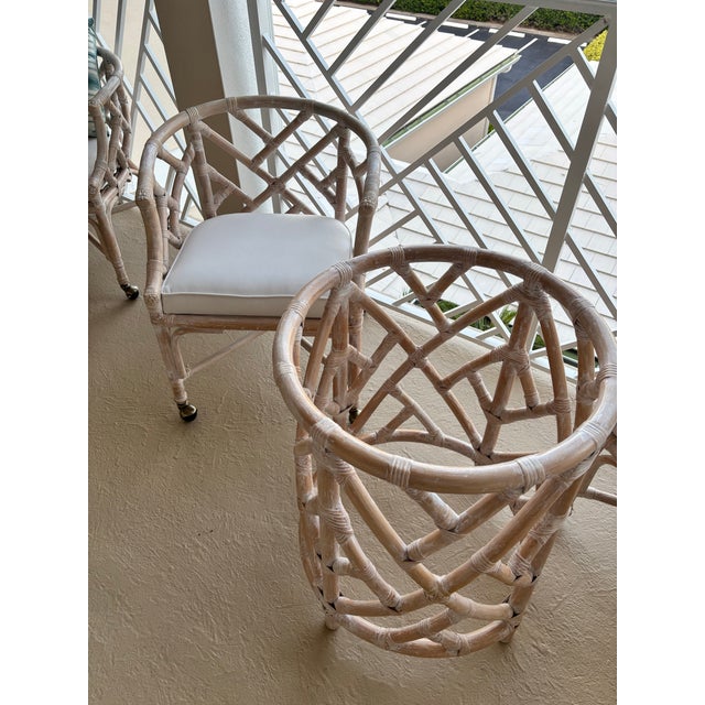 Almond Henry Link Dining Set. Fully Refurbished, New Upholstered Seats. Chippendale, White Washed Chairs and Table With Glass. Classic Coastal Design For Sale - Image 8 of 12