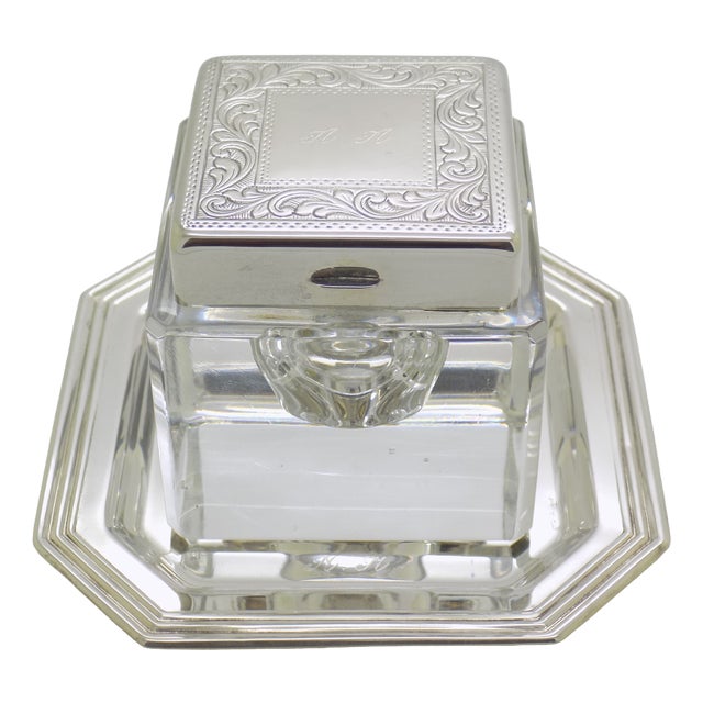 Vintage Italian Handmade Genuine Silver Inkwell in Glass and Silver with Tray from Prato Tuscany, 1970s For Sale
