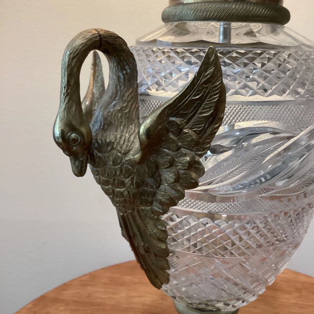 Cut Crystal Neo Classic Urn Form Lamp Cast Bronze Swan Handles 1960s Era In the manner and quality of Baccarat.