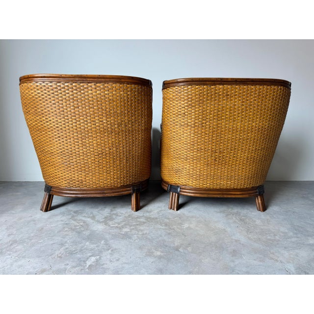SOLDModern Mandalay Coastal Organic Rattan and Leather Lounge Chairs With Ottoman – Set of 3 For Sale - Image 4 of 12