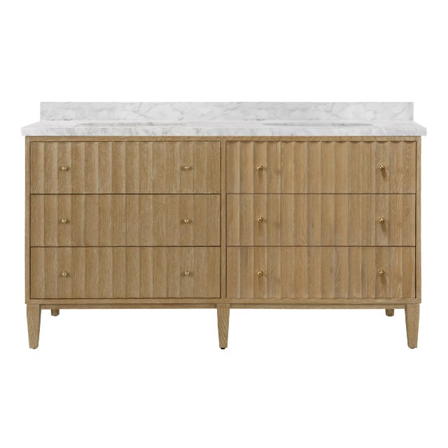 Matthew Izzo Home Odin 60" Fluted Cerused Oak, Four Drawer, Double Sink Bathroom Vanity - Carrara Marble Top, Porcelain Sinks, Brass Hardware For Sale