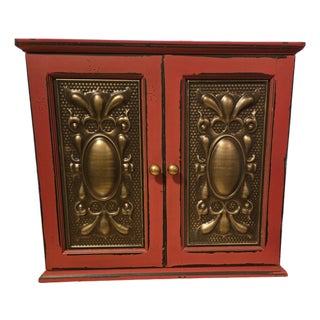 Distressed Red Vintage Cabinet With Metal Design Doors For Sale