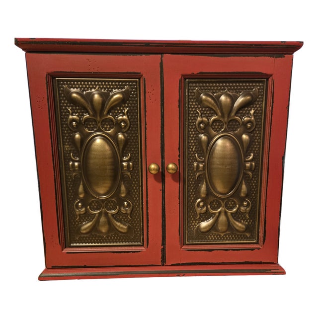 Distressed Red Vintage Cabinet With Metal Design Doors For Sale