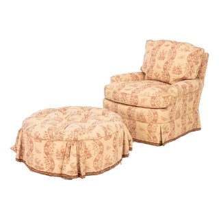 Toile De Jouy Upholstered Club Chair and Ottoman For Sale