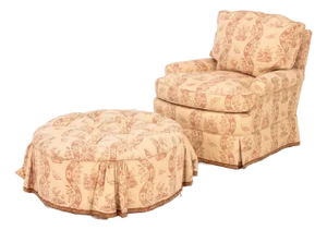 Toile De Jouy Upholstered Club Chair and Ottoman