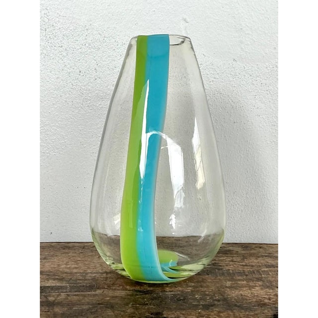 Vintage Clear Glass Vase With Blue and Green Stripes For Sale - Image 11 of 12