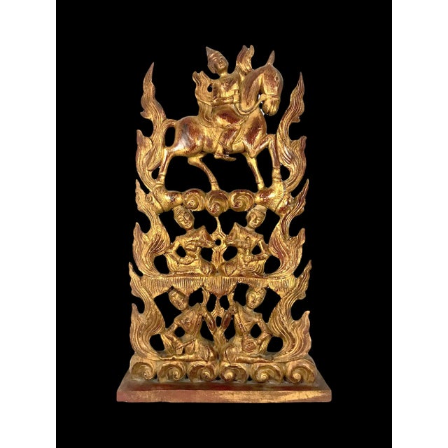 Boho Chic The Aspara & Her Musicians, Massive Free Standing Thai Red Gold Carved Wooden Sculpture For Sale - Image 3 of 12
