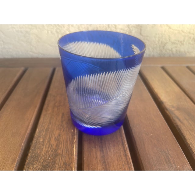 Mid-Century Modern Vintage Bohemia Cut to Clear Cobalt Blue Leaf Lowball Tumblers - Set of 4 For Sale - Image 3 of 7