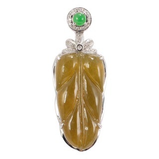 18k White Gold 6.95ct Green Leaf Jadeite Jade Diamond Double Drop Pendant For Sale