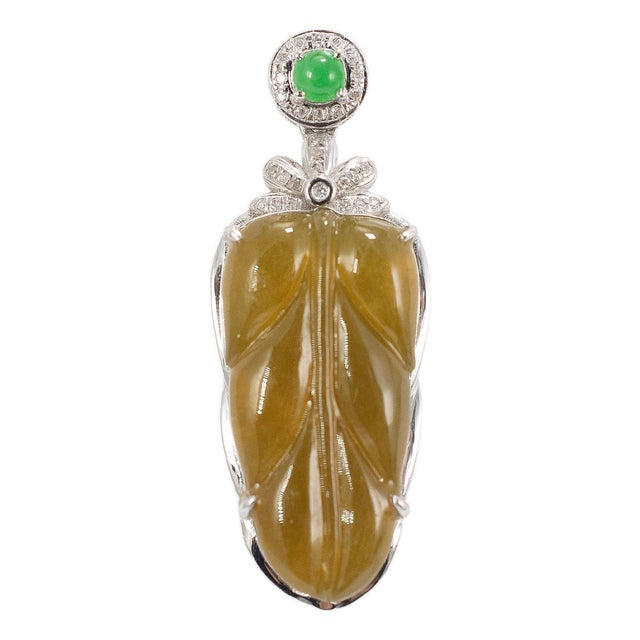 18k White Gold 6.95ct Green Leaf Jadeite Jade Diamond Double Drop Pendant For Sale