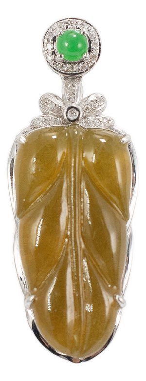 18k White Gold 6.95ct Green Leaf Jadeite Jade Diamond Double Drop Pendant