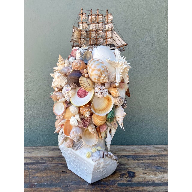 Vintage Shell Encrusted Bust of Man With Sailing Ship For Sale - Image 12 of 12