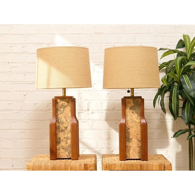 Mid-Century Modern Vintage Walnut & Cork Architectural Table Lamp - Pair For Sale - Image 3 of 8