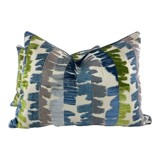 Lee Jofa Modern "Fractal Velvet" in Blue/Green 16"x20" Pillows-A Pair For Sale