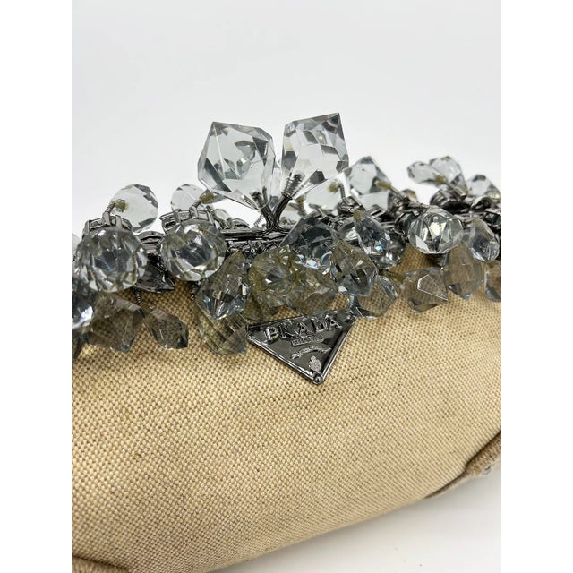 Contemporary Prada Mistolino Natural Canvas Crystal Beaded Top Pochette For Sale - Image 3 of 12