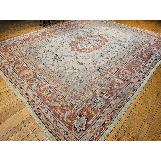 French Country Vintage Turkish Oushak Rug, Hand-Knotted Geometric Pattern, Ivory & Brick Red, 12' X 14' For Sale - Image 3 of 13