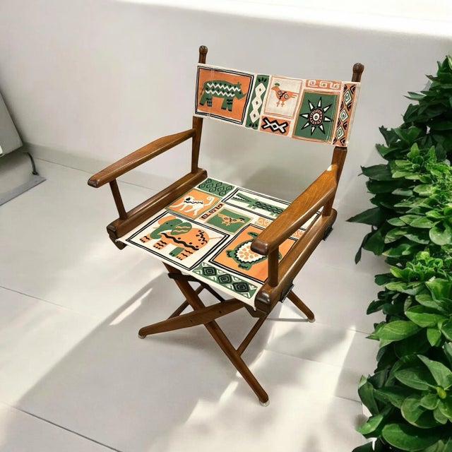 Vintage walnut directors chair reupholstered with 100% Cotton, Mildew-Resistant Canvas in Congo Bongo Pattern. Safari...
