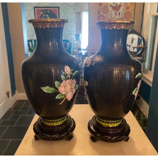 Late 20th Century Pair of Late 20th Century Black Cloisonné Vases With Pink Roses For Sale - Image 5 of 12