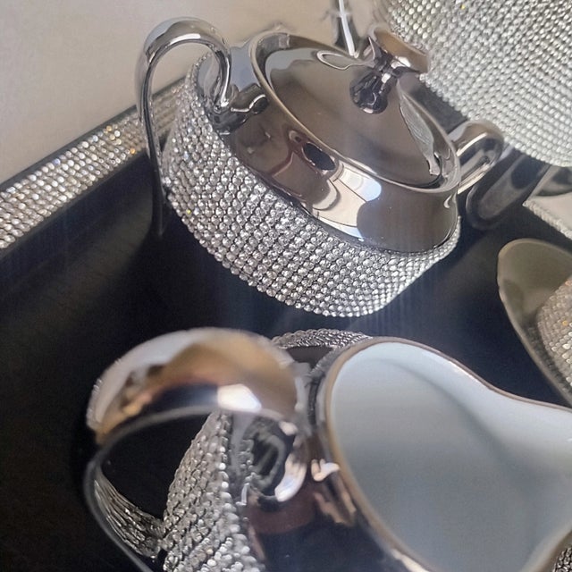 Sophie Villepigue, Paris Limoges Platinum Porcelain Swarovski Paved Tea Pot Creamer Sugar & Cups + Tray 12 Pieces For Sale - Image 17 of 17