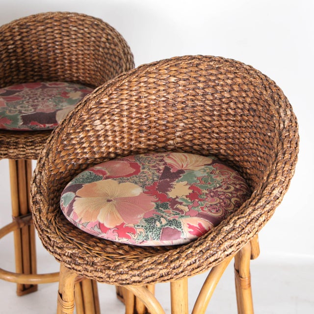 Beige Vintage Bar Stools in Rush and Rattan, 1970s, Set of 4 For Sale - Image 8 of 11