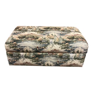 Vintage Adirondack Lodge Tapestry Upholstered Ottoman-Footstool With Storage. For Sale