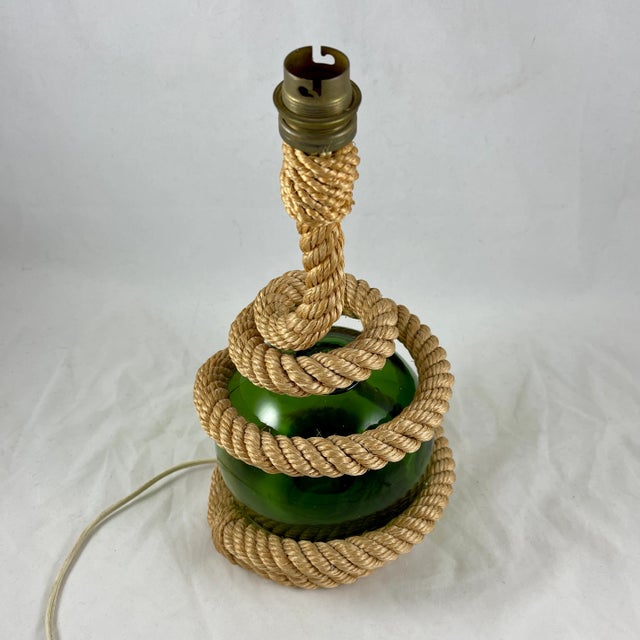 Cabin Audoux Minet Rustic Nautical Rope & Green Glass Ball Table Lamp, Circa 1960. For Sale - Image 3 of 12
