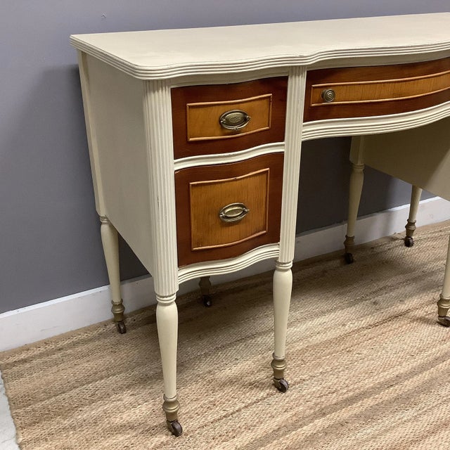 Vintage Painted French Desk Creamy Beige Wood Tones Gold Accents 5 Drawers For Sale In Philadelphia - Image 6 of 11