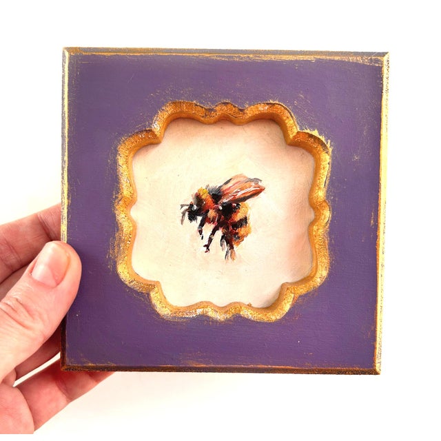 Framed Insect Painting Original Small Bumble Bee Framed Art Tiny Wall Victorian For Sale - Image 9 of 10