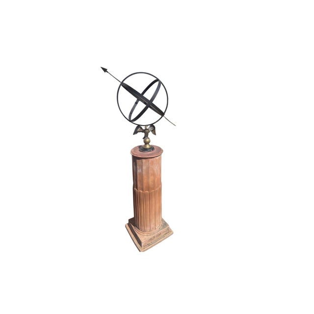 Neoclassical Neoclassical Wrought Iron Armillary Sphere Sundial on Fluted Terracotta Pedestal For Sale - Image 3 of 12