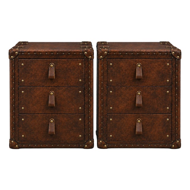 Vintage Style Leather Nightstand Set of 2, Cognac Brown Bedside Tables, Trunk Style Side Table, Handmade Rustic End Table, Luxury Bedroom Storage For Sale