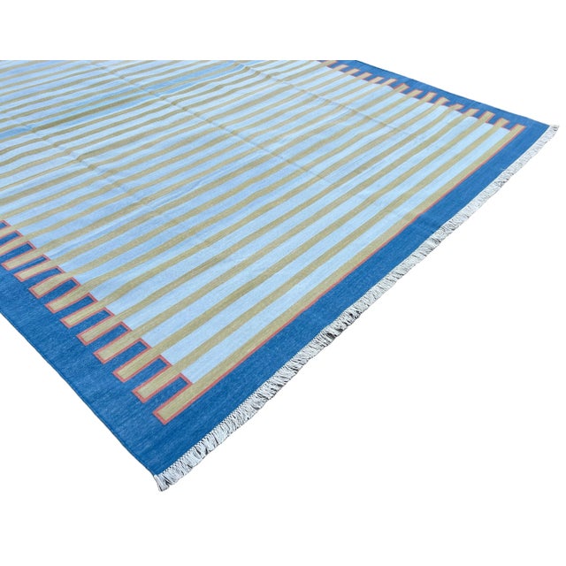 Handmade Cotton Area Rug, Natural Vegetable Dyed, Blue, Green & Red Zig Zag Striped Dhurrie -6'x9' For Sale - Image 6 of 10