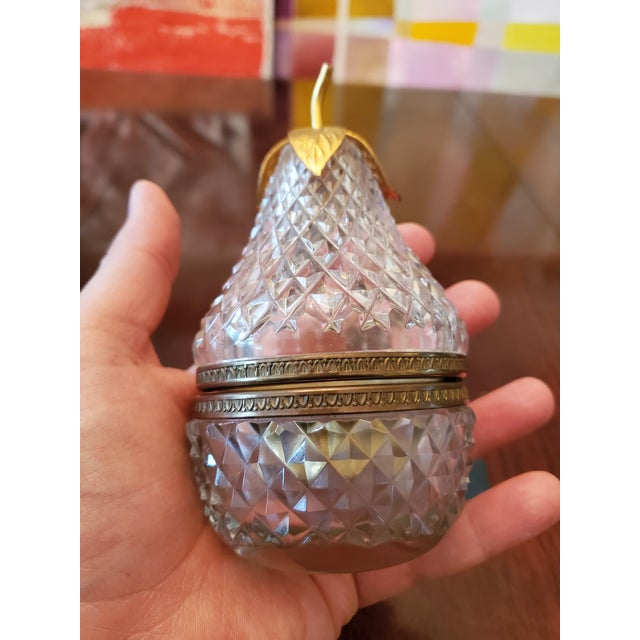 Glass 1940s Vintage Baccarat Style Crystal Pear Form Box Gilt Ormolu Leaf For Sale - Image 7 of 8