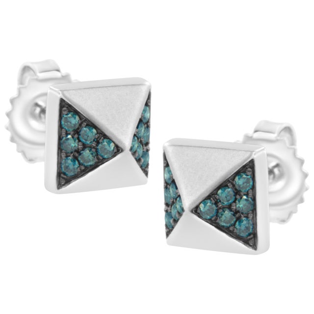 Contemporary 14K White Gold 1/4 Cttw Treated Blue Diamond Pyramid Stud Earring (Blue Color, SI1-SI2 Clarity) For Sale - Image 3 of 6