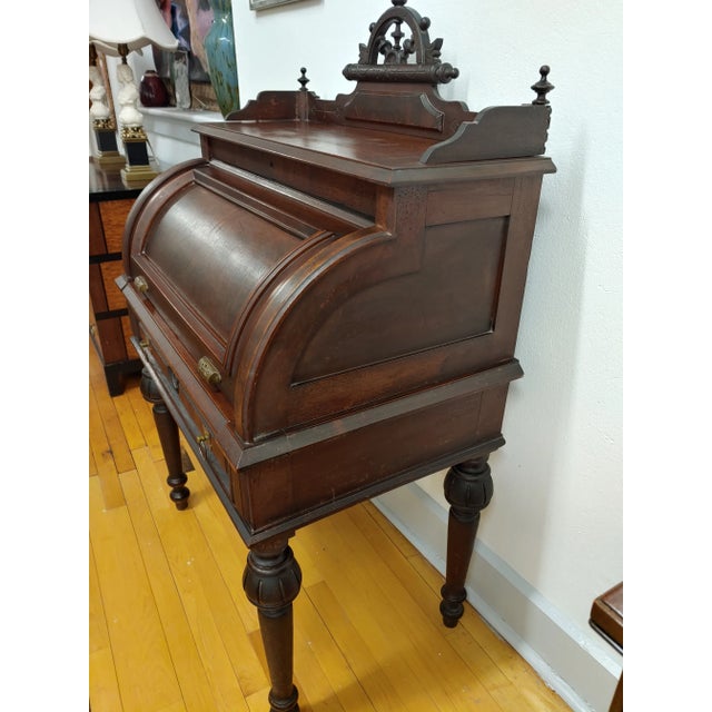 Antique 19th Century Mahogany Renaissance Revival Banker's Cylinder Secretary Desk For Sale - Image 4 of 13