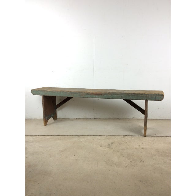 Antique Primitive Farmhouse Wood Bench With Chippy Paint Patina For Sale - Image 18 of 18