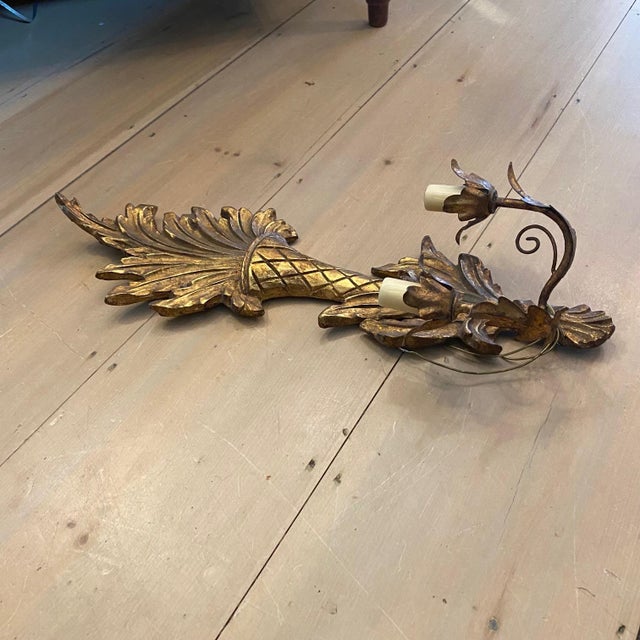 Gold 1960s French Carved Giltwood Two-Light Wall Sconces - a Pair For Sale - Image 8 of 10