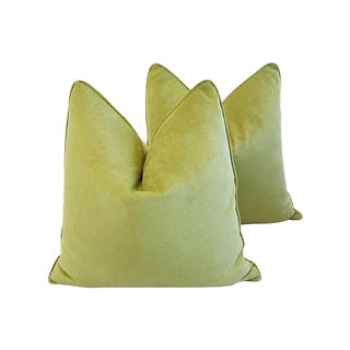 Custom Tailored Apple Green Velvet Feather/Down Pillows 24" Square - Pair For Sale