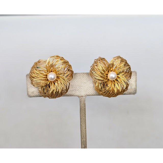 Metal Vintage 1980s Signed Les Bernard Goldtone Faux-Pearl Flower Clip Earrings-2 Pieces For Sale - Image 7 of 8