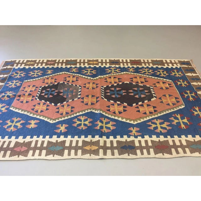 Vintage Turkish Blue, Pink & Brown Wool Kilim Rug, 1960s For Sale - Image 3 of 10