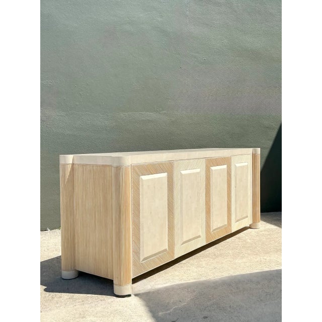 Wood Vintage Washed Pencil Reed Credenza With Travertine Top For Sale - Image 7 of 12