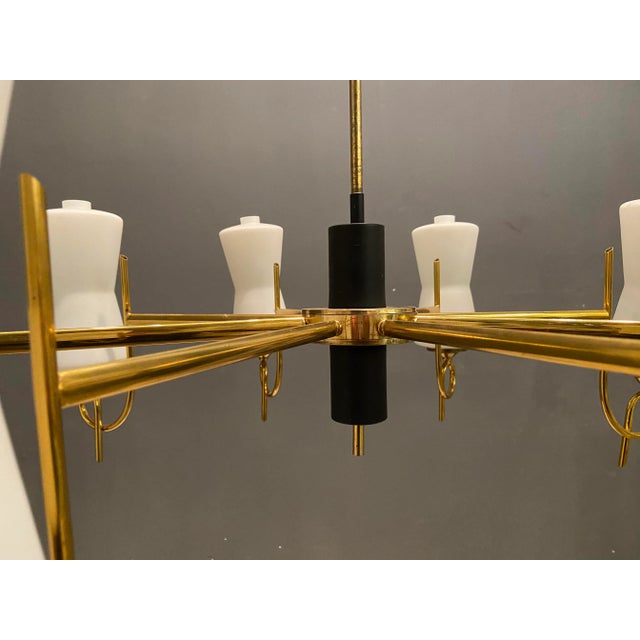 Stilnovo Large Brass Chandelier with Opaline Glass Shades from Stilnovo, 1950s For Sale - Image 4 of 11
