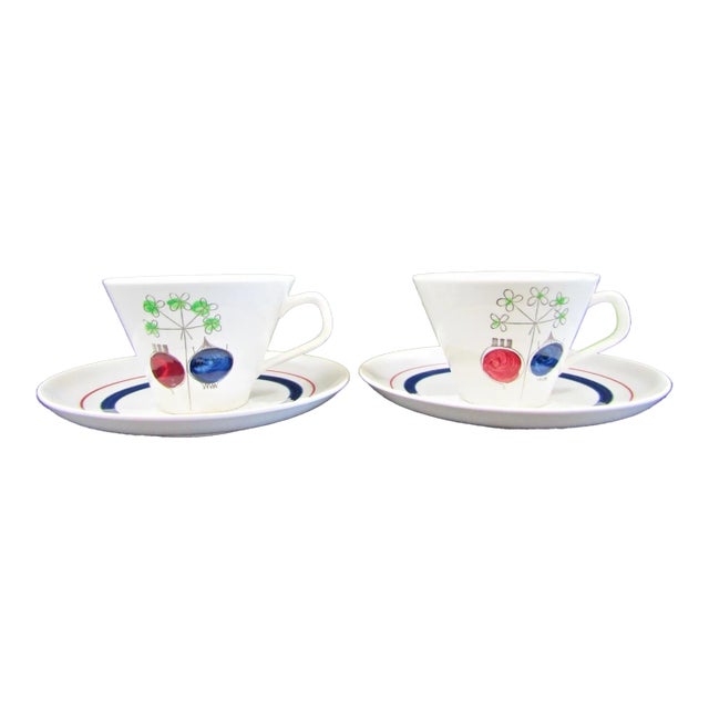 1950s Mid-Century Modern Rörstrand Sweden Pomona Picknick Two Cups and Saucers Design by Marianne Westman - 4pcs For Sale
