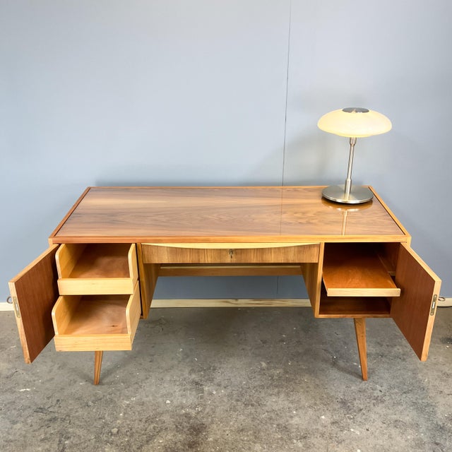 Wood Vintage Desk in Walnut with Glass Top, 1950s For Sale - Image 7 of 14