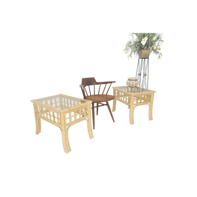 Mid-Century Modern Pair of White Wash Pickle Finish Rattan Rectangle Glass Top End Side Tables MINT For Sale - Image 3 of 12